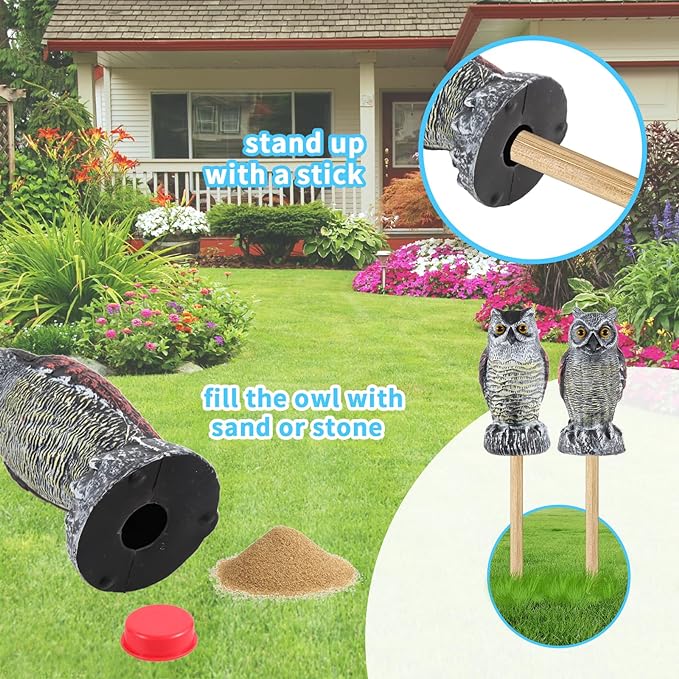 Hedoc 2 Pack Fake Owl Decoys to Scare Birds Away, Great Horned Owl Bird Deterrents, Nature Scarecrow Plastic Pest Repellent, Garden Decor and Yard Decoration for Gardens and Rooftops