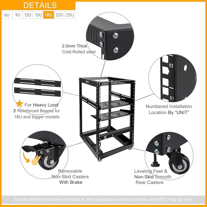 RIVECO 18U Open Frame Server Rack with Brake Casters + PDU (8 Outlets) Power Strip Surge Protector + 2 PCS Rack Shelves Cantilever Tray Set Black