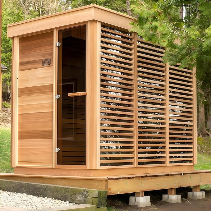 Customize Wood Burning Sauna 3-8 Person, Outdoor Red Cedar Steam Saunas, ETL Harvia Heater, Glass Wall Saunas, 220V, Rectangle Sauna Room with Backrest Headrest, Waterproofing System(0-195℉)