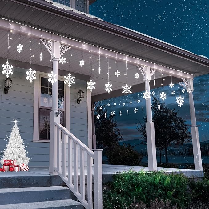 Christmas Snowflake Lights, 16.73ft Outdoor LED Icicle With 20 Drops, Waterproof Cool White Lighting for Eaves, Window, Curtain Xmas Decorate