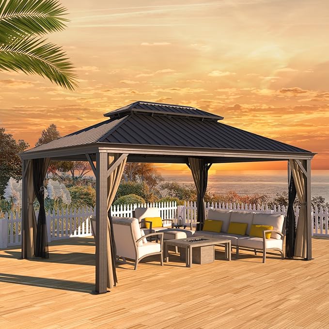 Hardtop Gazebo 12' x 16' with Mosquito Net and Privacy Sidewalls, Aluminum with Galvanized Steel Double Roof, Permanent Outdoor Gazebo for Patio, Garden, Lawn, Backyard.