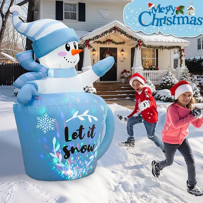 OurWarm 5FT Christmas Inflatable Snowman in Mug, Adorable Blue Snowman Blow Up Awaiting the Snow, Christmas Inflatables Outdoor Decorations with Built-in LEDs & Blower for Yard Lawn Winter Inflatables