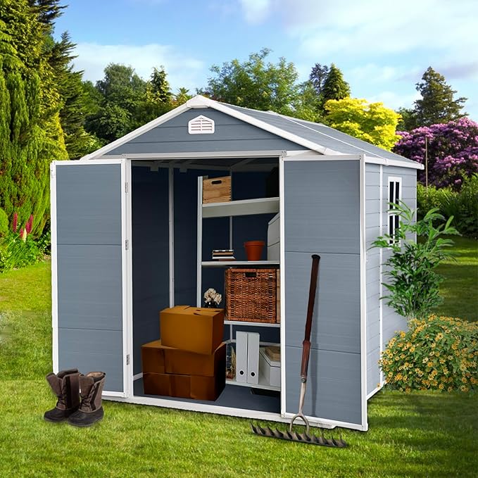 JT 6×8ft Resin Outdoor Storage Shed,Outdoor Storage Shed with Floor & Window to Store Patio Furniture, Garden Tools Bike Accessories, Beach Chairs and Lawn Mower. (6ft×8ft)