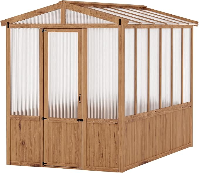 6x10FT Wooden Greenhouse with Cedar Frame, Outdoor Wood Greenhouses with Roof Vent, Wood and Polycarbonate Walk-in Greenhouse