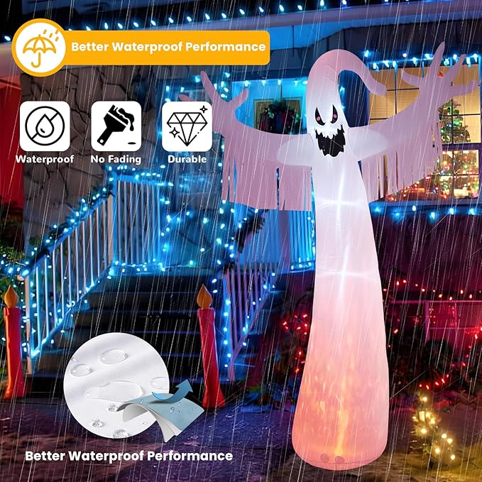 12FT Halloween Inflatables Outdoor Decorations: Inflatable Ghost with Fire Flame and Blinking Red Eyes, Blow up Decor for Yard Garden Lawn Home Holiday Party
