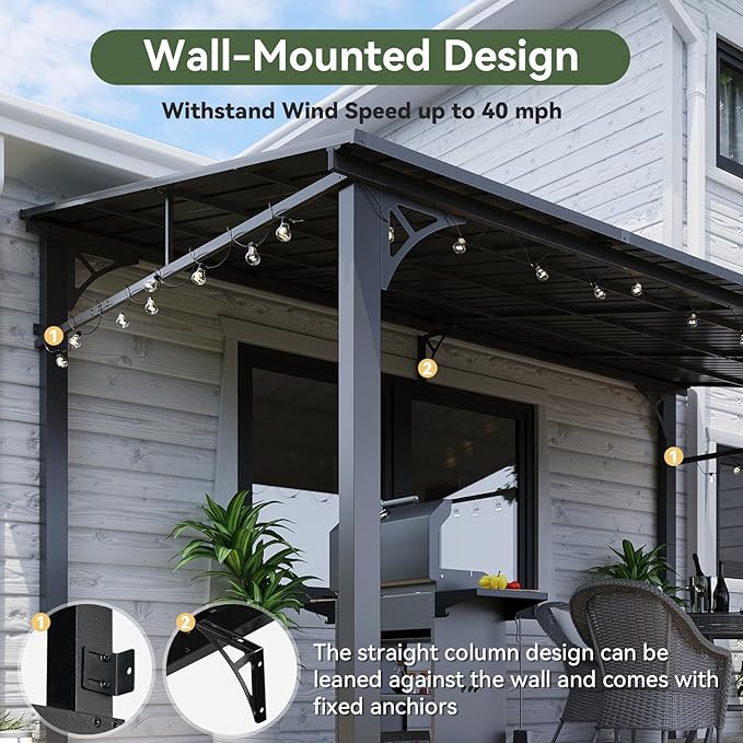 Aoxun 10' x 14' Lean to Gazebo, Upgraded Hardtop Outdoor Pergola with Sloping Galvanized Steel Roof, Large Wall-Mounted Heavy Duty Awnings for Patio, Backyard, Deck, Porch (Dark)