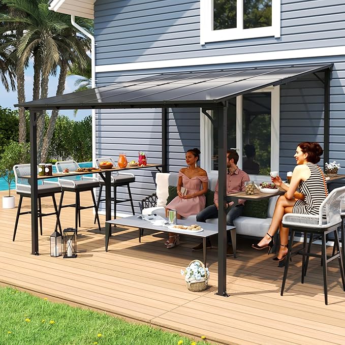 MEISSALIVVE 10' x 10' Wall Mounted Gazebo, Outdoor BBQ Grill Gazebo with Side Shelf, Lean to Metal Awnings with Sloped Roof, Heavy Duty Pergola for Backyard, Deck, Black