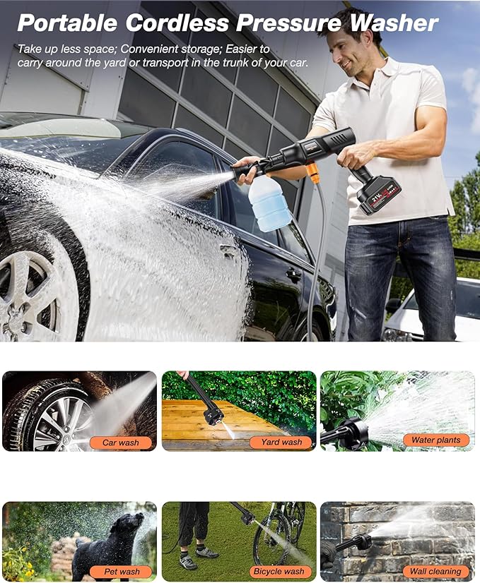 Cordless Pressure Washer, 900PSI Portable Power Washer with 3.0Ah Battery, 1.8Max GPM Cordless Power Washer Battery Operated with 6-in-1 Nozzle, Foam Pot, 16ft Hose, suit for Car/Floor/Garden