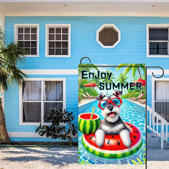 Enjoy Summer Garden Flag Schnauzer Dog 12X18 Inch Print Double Sided Cute Puppy Decorative Yard Flag Banner Poolside Patio Decor Banner Outside Seasonal Holiday Outdoor Decoration