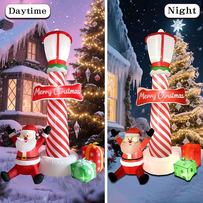 ZXSWONLY 8.1ft Christmas Inflatable Lighthouse with Santa Claus and Gift Box, Christmas Inflatable Lighthouse with Built-in LED Lights for Holiday Party Outdoor Garden Yard Lawn Decoration
