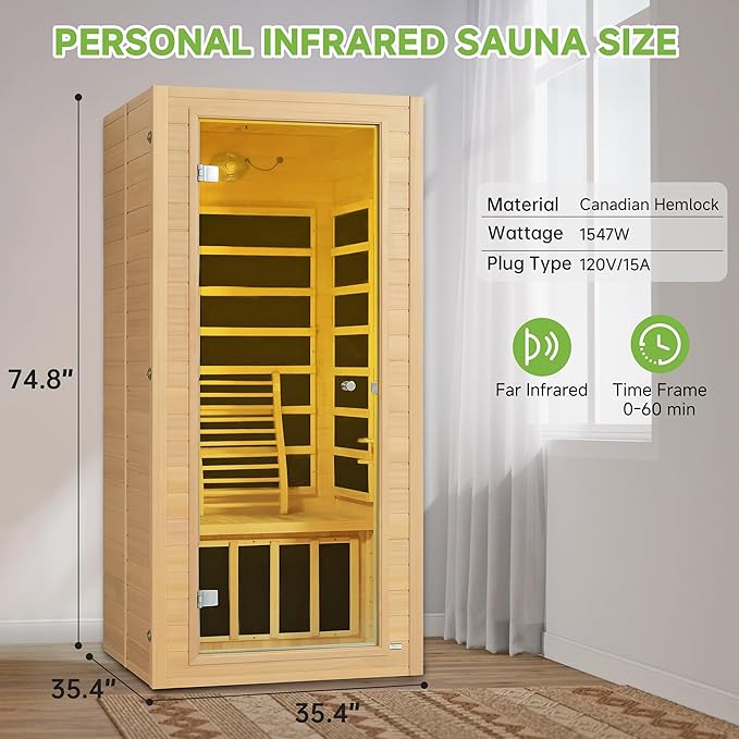 Real Relax Infrared Home Sauna, 1 Person Canadian Hemlock Wood Indoor Dry Saunas with Red Low Emf Light Therapy, Bluetooth Speakers, 9-Color Chromotherapy Lights, 110v for Personal Spa