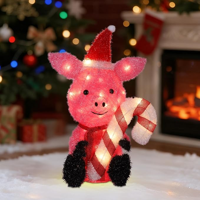 Prsildan Christmas Lighted Decoration 21" Pink Pig, 35 Lights 3D Pig with Christmas Hat & Candy Canes, Cute Decorations for Indoor Outdoor Home Kitchen Yard Garden Holiday Party