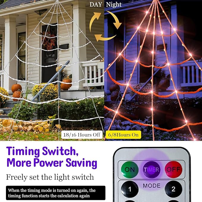 HBSTK 8 Modes 20 * 17FT Halloween Light Up Spider Web 250 Led Purple & Orange Lights Operated with 6.5Ft Giant Spider 200sqft Cobweb 20 Small Spiders for Indoor and Outdoor Decor Yard Decoration