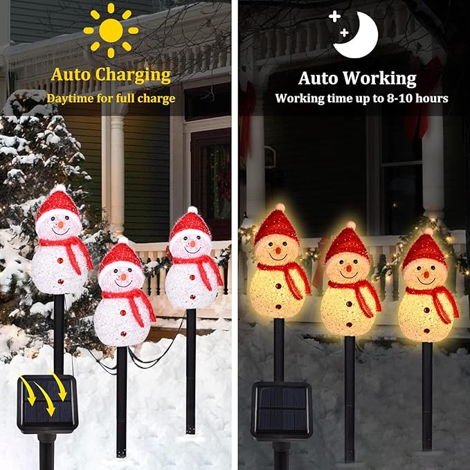 3PCS Snowman Shape Solar Christmas Lights Decorations, Solar Landscape Pathway Stakes Lights, Outdoor Christmas Lights Decor for Garden, Yard, Porch (Red Hat-Warm White)