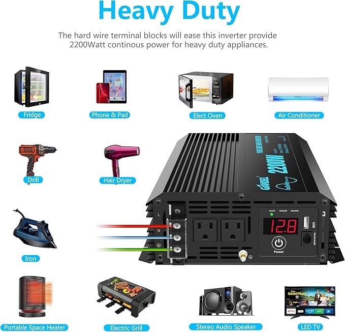 GIANDEL Pure Sine Wave Power Inverter 2200Watt ETL UL458 Listed DC 12V to 120 Vac with 20 Amps Hardwire Blocks & 15FT Wired Remote for RVs Truck Boat Off Grid Solar Emergency【3 YRS Warranty】