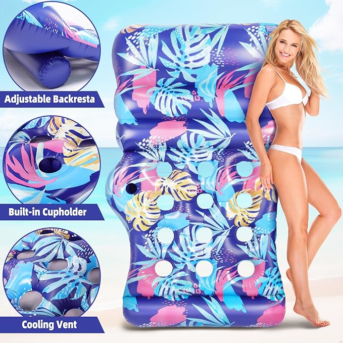 2025 New Pool Floats Adult, Inflatable Pool Lounge Floating Raft Chair with Adjustable Backrest Cup Holders for Swimming Pool Lake Beach Party, Tanning Floaties for Adults Heavy Duty