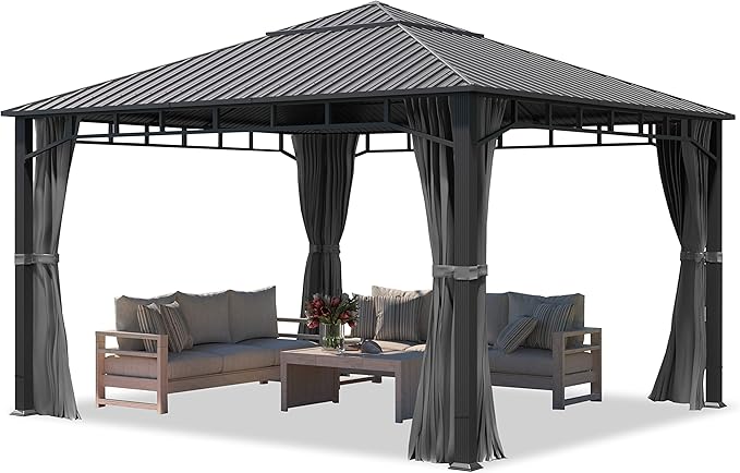 TOOLPORT Hardtop Gazebo 13x13 ft with Steel Roof - 4 Side Panels in Gray - Approx. 3.54x3.54 in Aluminium Poles