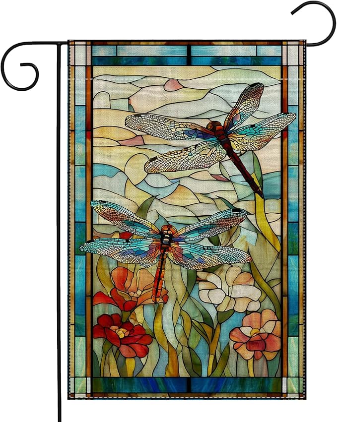 Garden Flags, Dragonfly Garden Flag, Stained Glass Style Dragonfly Floral Flag Double-Sided Flags for Farmhouse Yard Outdoor Decoration-12 x 18inch (Dragonfly)