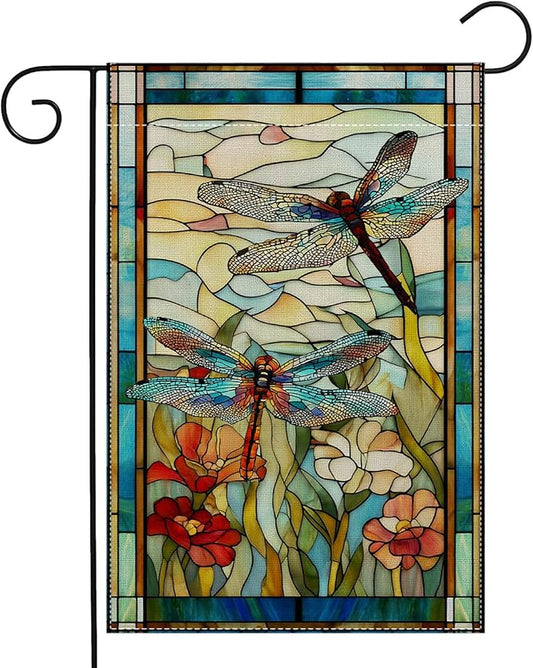 Garden Flags, Dragonfly Garden Flag, Stained Glass Style Dragonfly Floral Flag Double-Sided Flags for Farmhouse Yard Outdoor Decoration-12 x 18inch (Dragonfly)