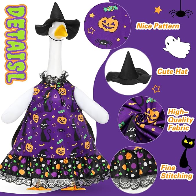 Halloween Porch Goose Outfit Set for 23'' Plastic Lawn Goose Statue Clothes Witch Skirt Halloween Costume for Outdoor Patio Yard Lawn Art Decor