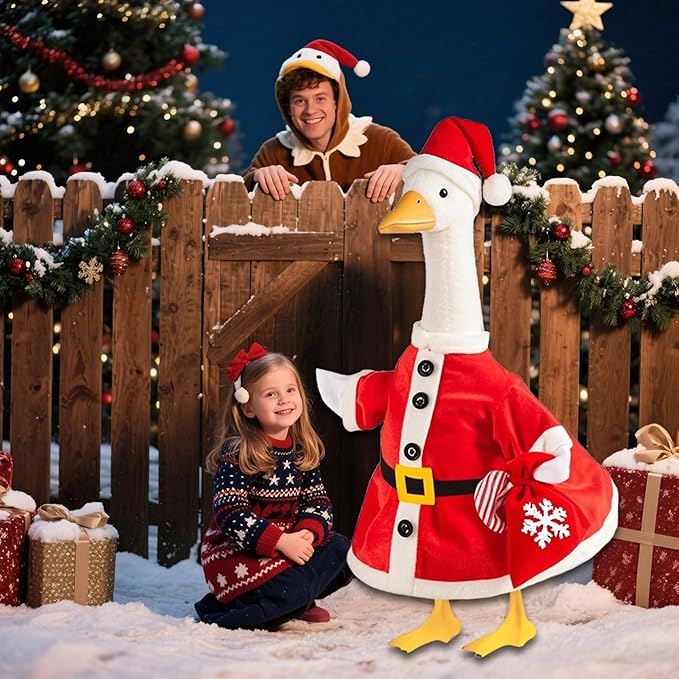 Christmas Santa Porch Goose Outfit for Large 23" High Cement or Plastic Goose Statue, Yard Goose Cloths with Snowflake Gift Bag and Christmas Hat Decor for Outdoor Lawn Gaden Patio