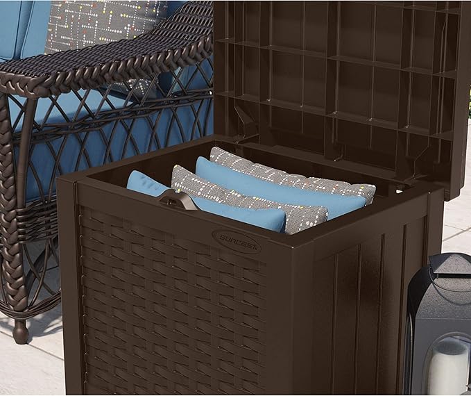 Suncast Small Outdoor Storage Box - 22 Gallon Java Resin Outdoor Deck Box, Flat-Lid Bench Seating, Patio Storage Bin Container for Organizing Tools, Cushions for Porch, Deck, Pool, & Garden