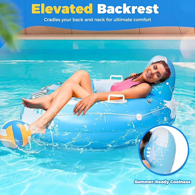 2025 New & Upgraded River Tubes for Floating Heavy Duty, Inflatable Float for Beach Lake Rafting, Fool Floats with Mesh Bottom, Cup Holder, Backrest