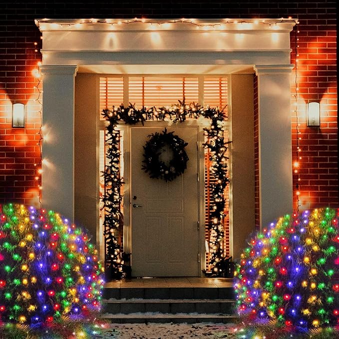 Colorful Net Lights Outdoor, 300 LED Christmas Net Mesh Lights for Bushes 14.8x4.9ft, 8 Modes Waterproof Twinkle String Light Connectable for Halloween Hedge Yard Garden Party Decor