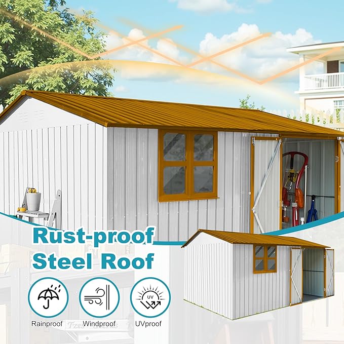 12 ft × 10 ft Sheds & Outdoor Storage Shed Large Classic Apex Roof Metal Garden Storage Sheds with Hinged Door, Window Tool Cabinet for Backyard, Patio, Poolside, Golden Yellow + White