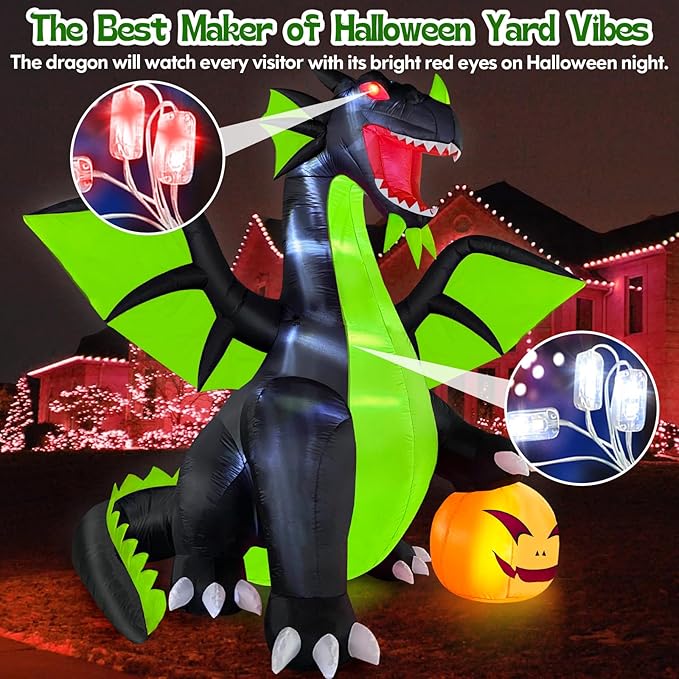 Danxilu 9FT Halloween Inflatable Outdoor Decoration Blow Up Dominating Green Dragon with Pumpkin Built-in LED Lights Spooky Blowups Yard Decor for Halloween Fun Holiday Party Garden Lawn Decor