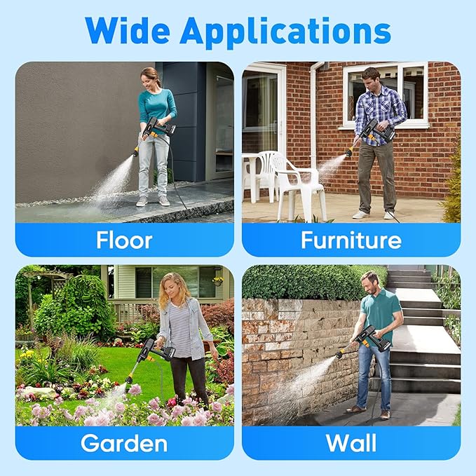 Portable Cordless Pressure Washer, 600 PSI 21V 2x3.0Ah Rechargeable Batteries Powered Pressure Washer, 6-in-1 Nozzle with Jet Nozzles for Car Floor Wall Fence Cleaning Pet Cleaning