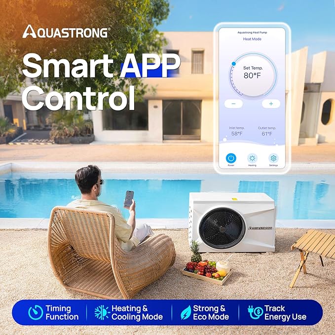 Aquastrong Inverter Swimming Pool Heat Pump, 100,000 BTU 26,000 Gallons Electric Pool Heater for Above Ground and Inground Pool, WiFi Capable Timer, Heating and Cooling Pool Heater 220V