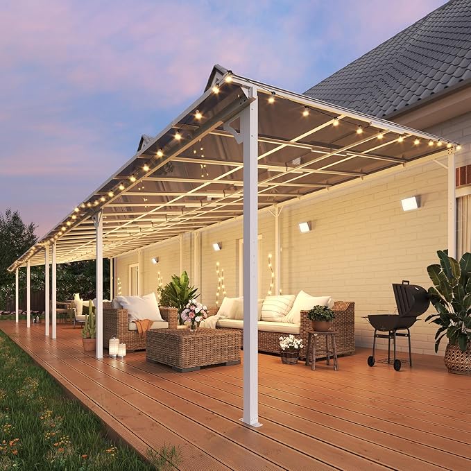 MEISSALIVVE 12' x 40' Gazebo, Wall Mounted Gazebo, Lean to Metal Awnings Gazebos with Sloped Roof, Outdoor Patio Awning for Backyard, Deck, White