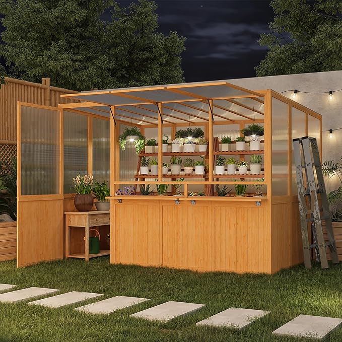 U-MAX 6x10 Ft Wood Greenhouse for Outdoors with Openable Window & Lockable Door, Heavy Duty Lean to Walk in Greenhouse with Polycarbonate Panel for Outside, Garden and Backyard