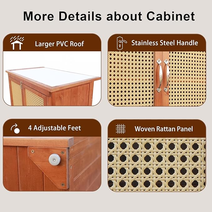 60 Inches Outdoor Storage Shed, Wood Shed with Rattan Indoor Storage Cabinet with Floor, Adjustable Shelves for Patio, Garden,Lawn and Living Room, Brown