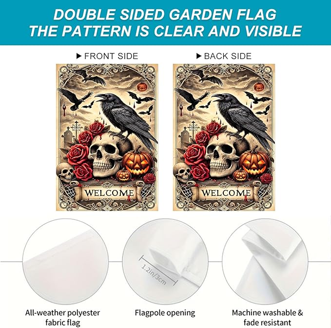 Halloween Garden Flag 12x18 Inch Gothic Skull Raven Flag Double Sided Spooky Yard Banner Pumpkin Bat Scene Outdoor Fall Decoration for Porch Lawn Patio Seasonal Welcome