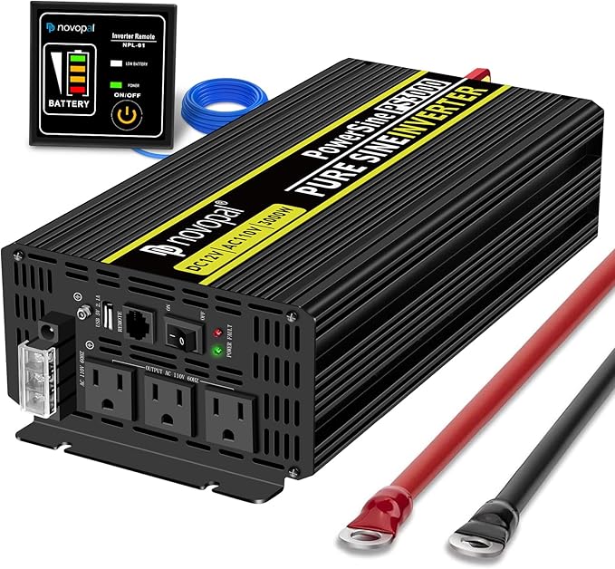 NOVOPAL 3000 watt Pure Sine Wave Inverter, 12V DC to 110V/120V AC Car Power Converter, DC-AC Power Inverter with 3 Outlets, High-Power Terminals - 16ft Remote Control, LCD Display.