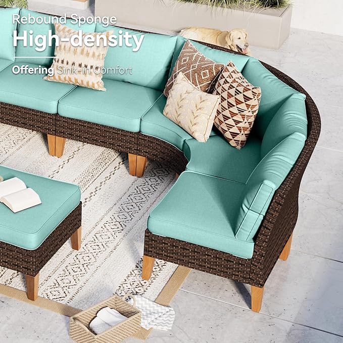 GREEN PARTY 8 Pieces Wicker Patio Furniture Set with 56" Fire Pit Table, All-Weather Outdoor Rattan Patio Half-Moon Curved Sectional Sofa Conversation Set with 4" Thick Cushions for Garden (Blue)