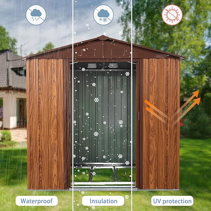 6x6 ft Outdoor Metal Storage Shed with Floor Foundation and Window, Lockable Galvanized Steel Tool Shed with Sliding Door and Air Vent, Waterproof Garden Storage House for Backyard, Patio