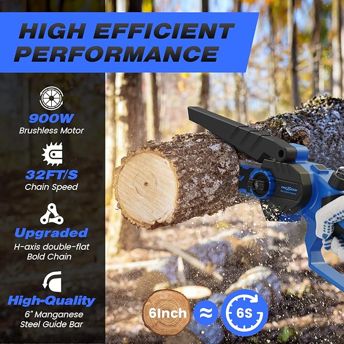Mini Chainsaw, 6-Inch Electric Chainsaw Cordless, Upgraded 900W Brushless Portable Handheld Small Chain Saw with Auto Chain Regulator & Auto Oiler for Wood Cutting/TreeTrimming/Courtyard (Blue)