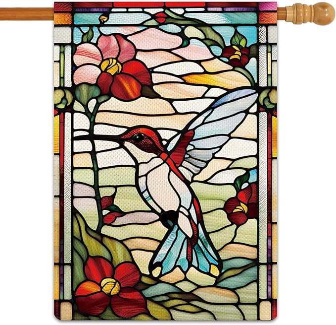 Spring Summer Hummingbird Garden Flag Glass Style Garden Flag Vertical Double Sided Rustic Farmland Burlap Yard Lawn Outdoor Decor 28x40"