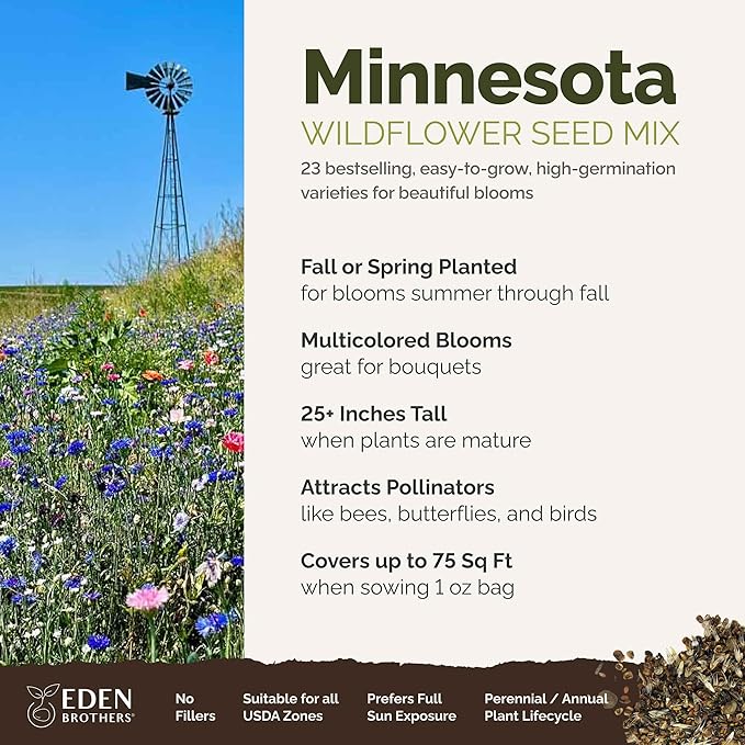 Eden Brothers Minnesota Wildflower Mixed Seeds for Planting, 1 oz, 30,000+ Seeds with Cornflower, Blanket Flower | Attracts Pollinators, Plant in Spring or Fall, Zones