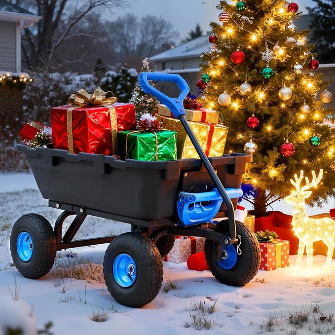 800lb Garden Dump Cart, Heavy Duty Wheelbarrow Dump Wagon with 4 Wheels&Quick-Release Dumping, Utility Wagon Carts for Yard, Farm and Garden(Blue)