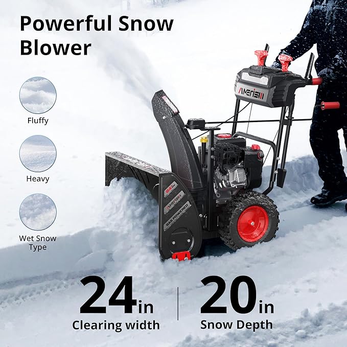 24-Inch 212cc 2-Stage Self-Propelled Gas Snow Blower with Electric & Recoil Start, Heated Handles, LED Light, 180° Rotating Chute, 13" Tires, Heavy-Duty Snow Thrower for Driveways & Sidewalks