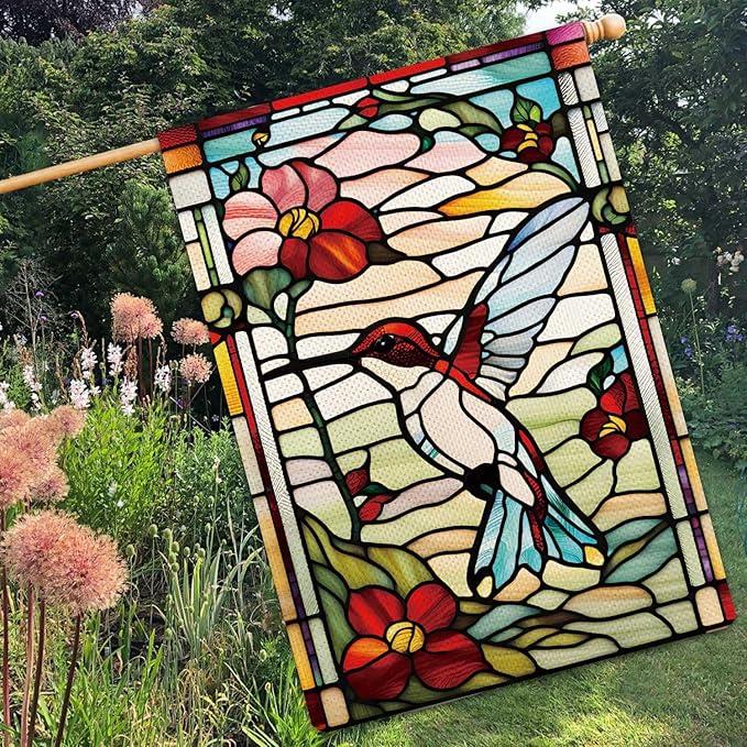 Spring Summer Hummingbird Garden Flag Glass Style Garden Flag Vertical Double Sided Rustic Farmland Burlap Yard Lawn Outdoor Decor 28x40"
