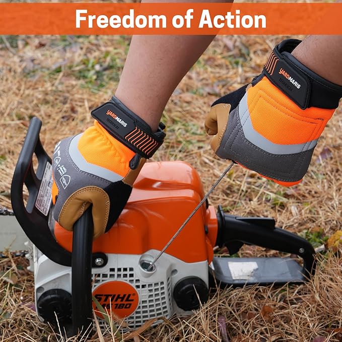 Chainsaw Gloves, Genuine Leather Logging Safety Gloves, 12-Layer Anti-cutting Protection on Left Hand Back, Cowskin