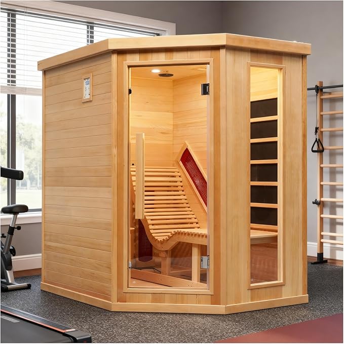 Infrared Sauna Room with Recliner, 1 or 2 Person Home Canadian Hemlock Luxurious Wooden Traditional Indoor Corner Dry Heat Sauna Room, 2300W/220V, 8 Heating Panels, 7 Color Lights, Oxygen Bar