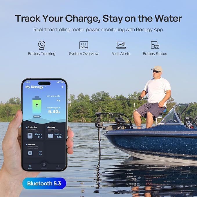 Renogy 12V 100Ah Trolling Motor LiFePO4 Lithium Battery, Bluetooth & 100A BMS, IP67 Waterproof, Group 24 Deep Cycle Battery for Marine, Boat, RV, Off-Grid Backup