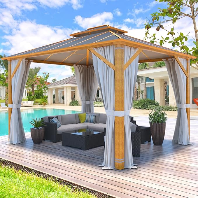 MELLCOM 10x12FT Hardtop Gazebo, Wooden Finish Coated Aluminum Patio Gazebo with Aluminum Composite Double Roof for Patio Lawn and Garden, Curtains and Netting Included