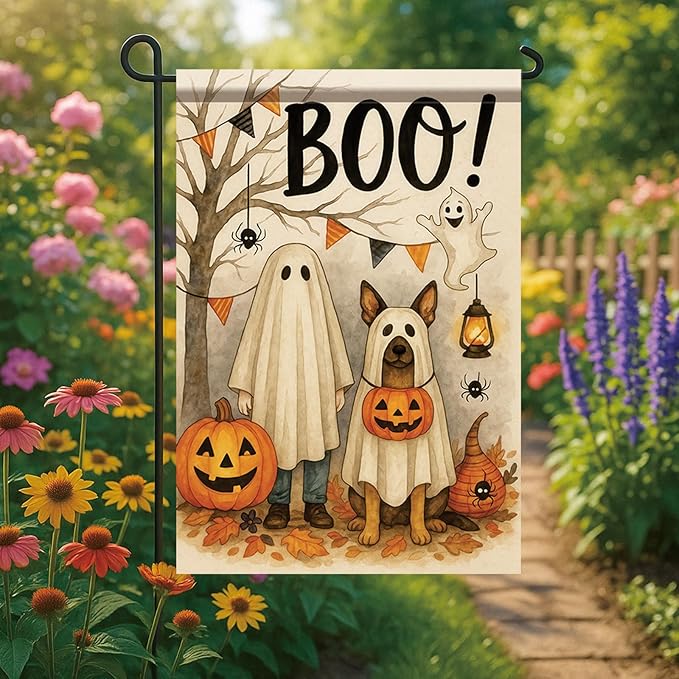 Halloween Garden Flag Ghost Costume Dog Flag 12x18 Inch Double-Sided Pumpkin Boo Yard Banner Fall Outdoor Decoration for Porch Lawn Pathway Trick or Treat Dog Lover Gift